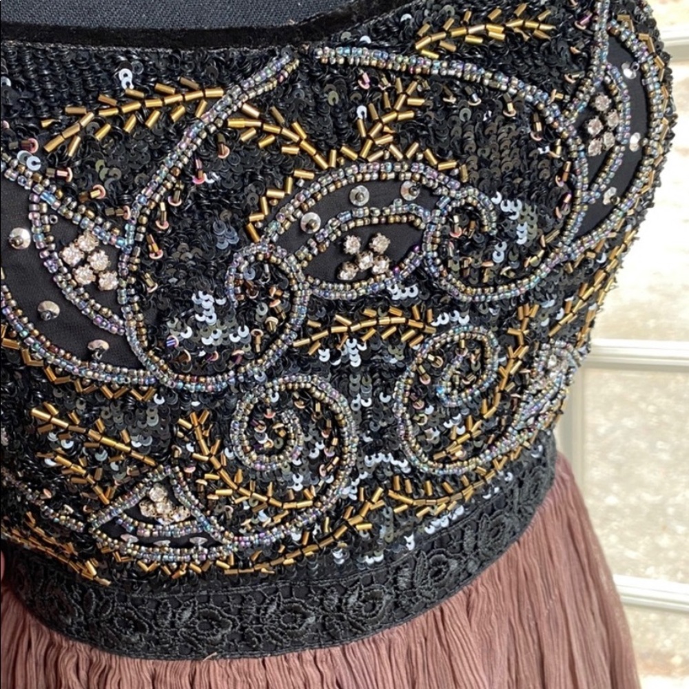 Boemo for Anthropologie brown beaded full length maxi chiffon gown dress size S